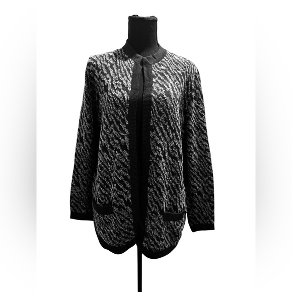 St. John for SAKS 5TH AVENUE Gray Cardigan Animal Tiger Print Large Sweater - Picture 1 of 13